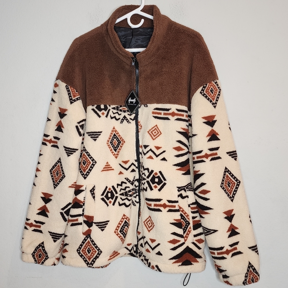 NWT Hoooyi Full Zip Teddy Fleece Jacket Brown Cream Southwest Aztec Western L